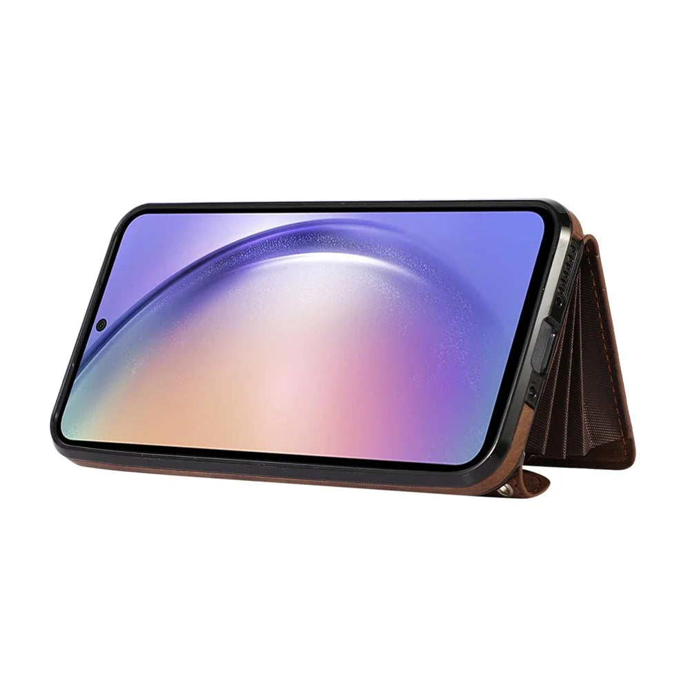 For Samsung Galaxy A55 5G Case PU Leather + TPU RFID Blocking Card Slots Phone Cover with 2 Straps - Brown - 2