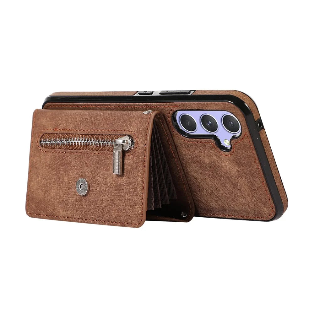 For Samsung Galaxy A55 5G Case PU Leather + TPU RFID Blocking Card Slots Phone Cover with 2 Straps - Brown - 3