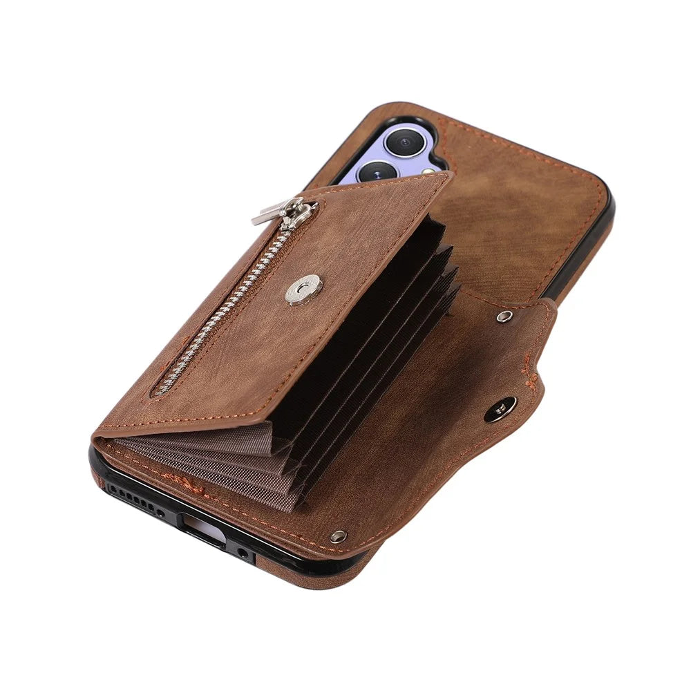 For Samsung Galaxy A55 5G Case PU Leather + TPU RFID Blocking Card Slots Phone Cover with 2 Straps - Brown - 5