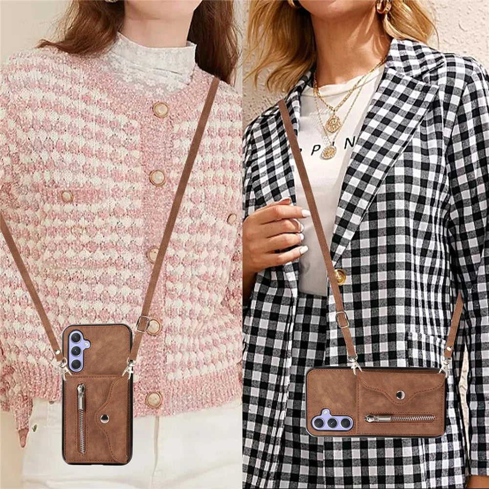 For Samsung Galaxy A55 5G Case PU Leather + TPU RFID Blocking Card Slots Phone Cover with 2 Straps - Brown - 6