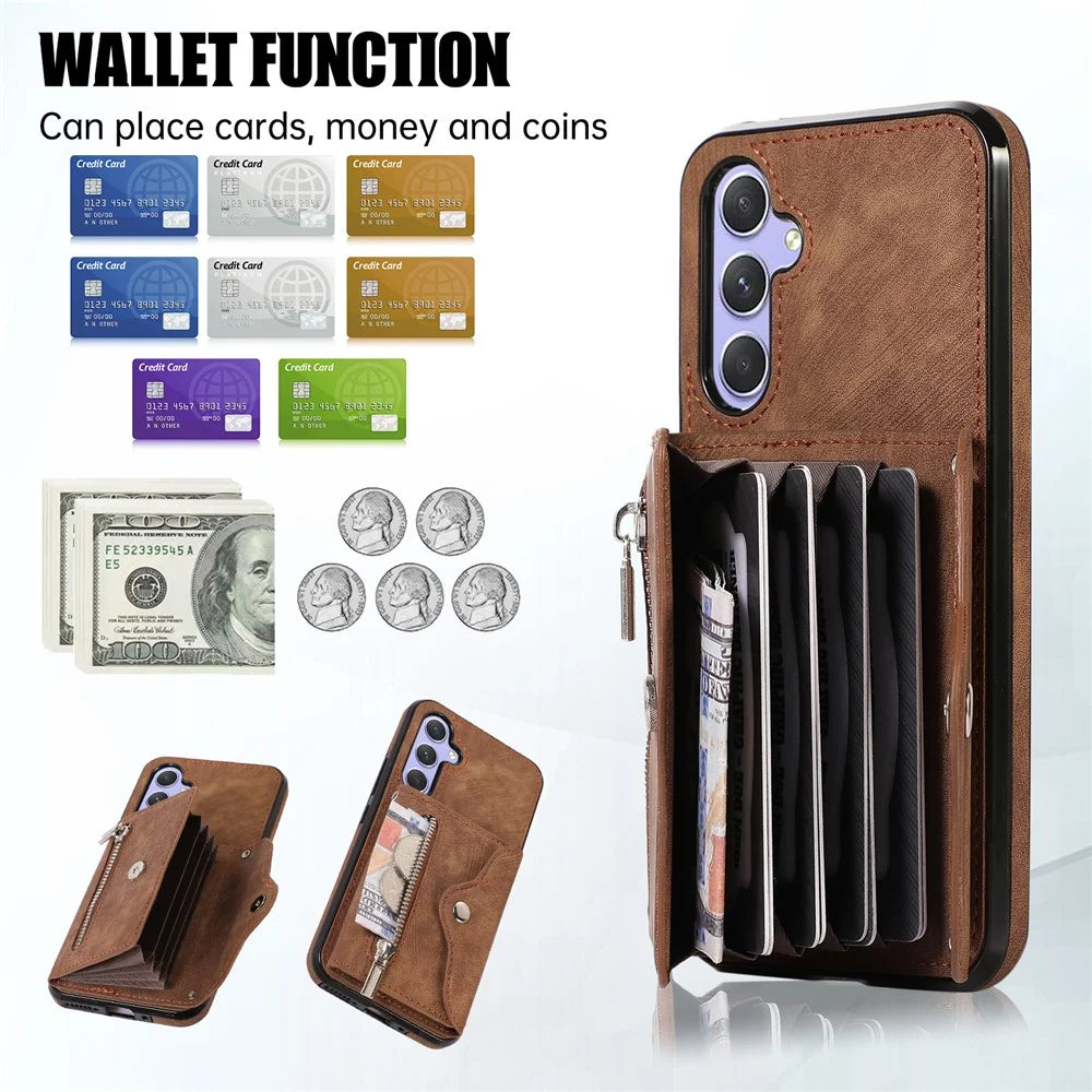 For Samsung Galaxy A55 5G Case PU Leather + TPU RFID Blocking Card Slots Phone Cover with 2 Straps - Brown - 7