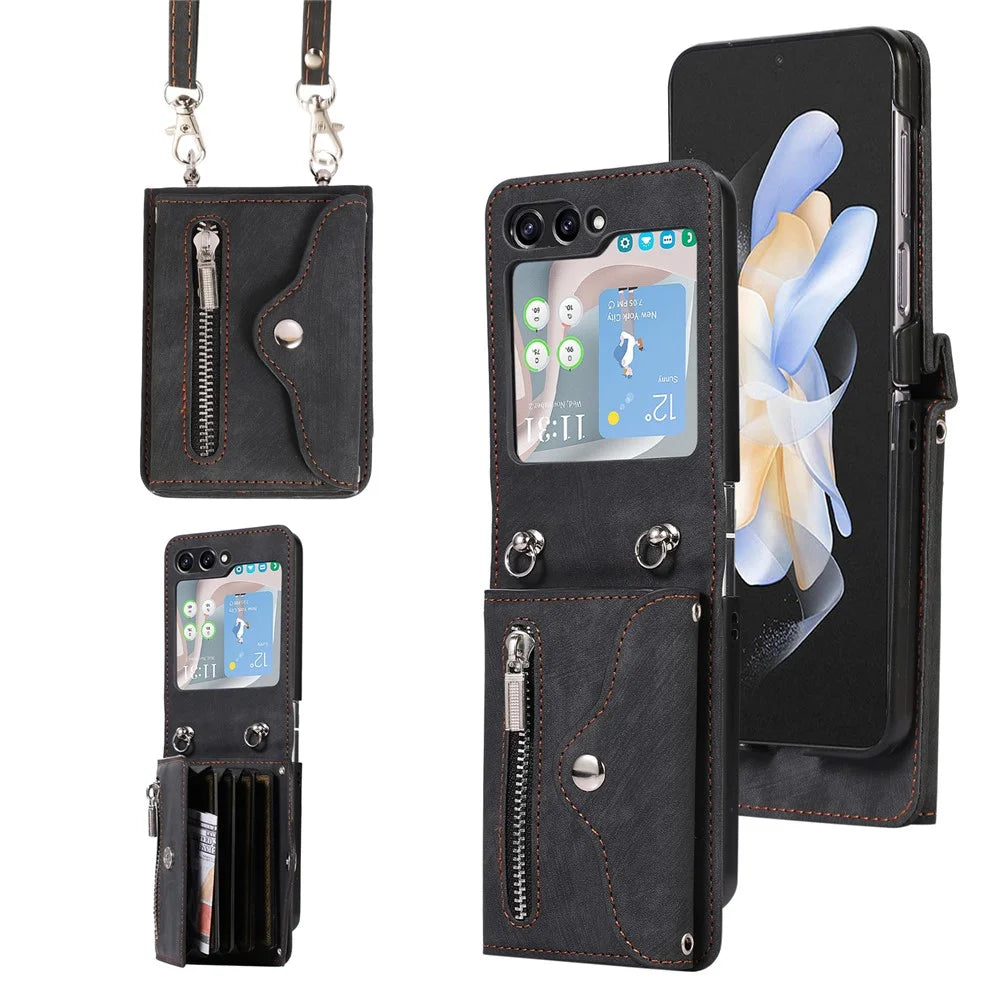 For Samsung Galaxy Z Flip7 FE 5G / Z Flip6 5G Case PU Leather + TPU RFID Blocking Card Slots Phone Cover with 2 Straps - Black - 1