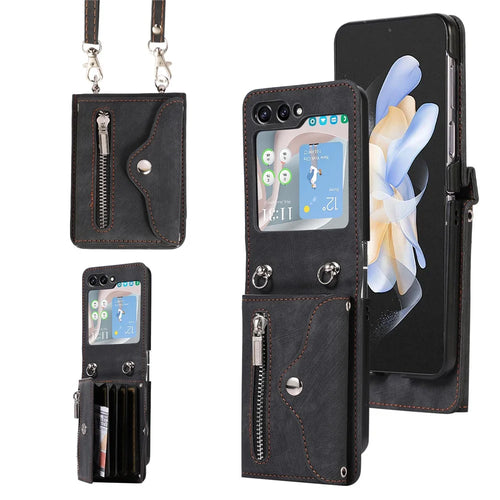 For Samsung Galaxy Z Flip7 FE 5G / Z Flip6 5G Case PU Leather + TPU RFID Blocking Card Slots Phone Cover with 2 Straps - Black - 1