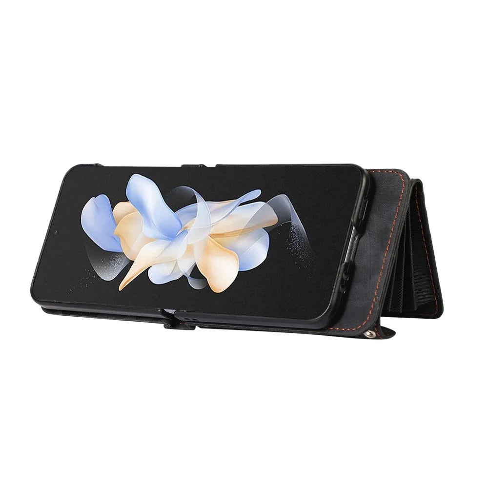 For Samsung Galaxy Z Flip7 FE 5G / Z Flip6 5G Case PU Leather + TPU RFID Blocking Card Slots Phone Cover with 2 Straps - Black - 2