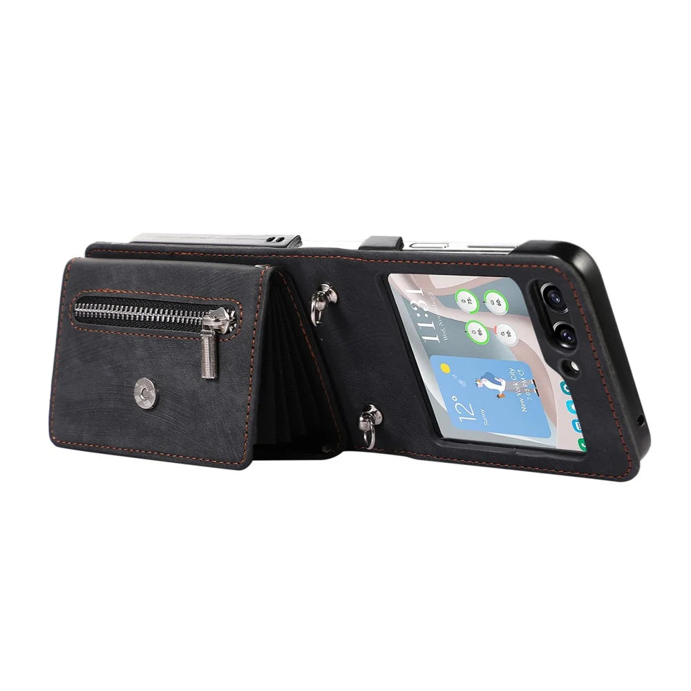 For Samsung Galaxy Z Flip7 FE 5G / Z Flip6 5G Case PU Leather + TPU RFID Blocking Card Slots Phone Cover with 2 Straps - Black - 3