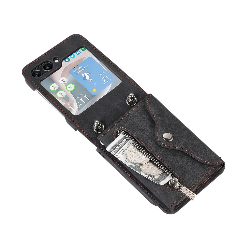 For Samsung Galaxy Z Flip7 FE 5G / Z Flip6 5G Case PU Leather + TPU RFID Blocking Card Slots Phone Cover with 2 Straps - Black - 4