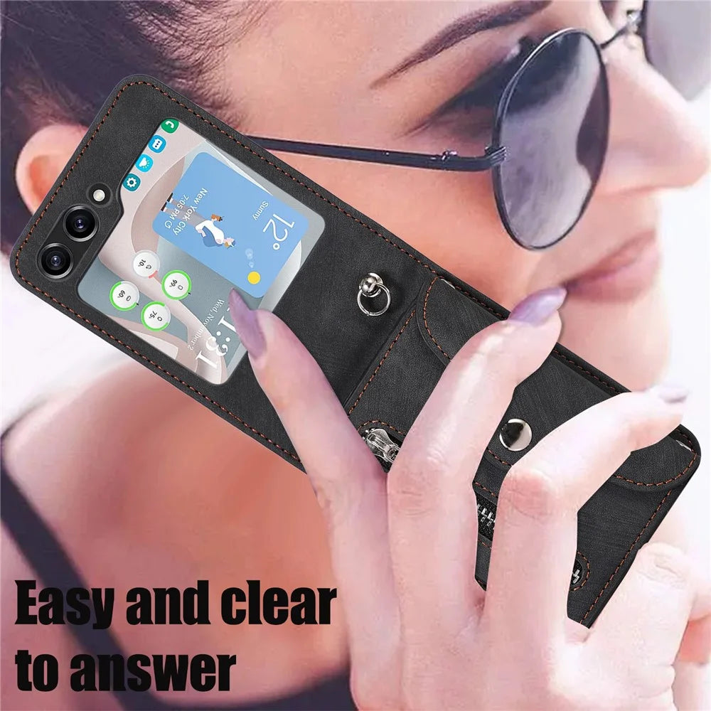 For Samsung Galaxy Z Flip7 FE 5G / Z Flip6 5G Case PU Leather + TPU RFID Blocking Card Slots Phone Cover with 2 Straps - Black - 7