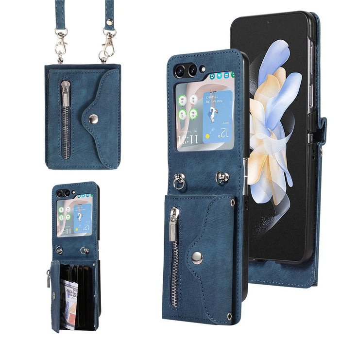 For Samsung Galaxy Z Flip5 5G Case PU Leather + TPU RFID Blocking Card Slots Phone Cover with 2 Straps - Blue - 1