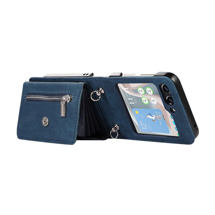 For Samsung Galaxy Z Flip5 5G Case PU Leather + TPU RFID Blocking Card Slots Phone Cover with 2 Straps - Blue - 2