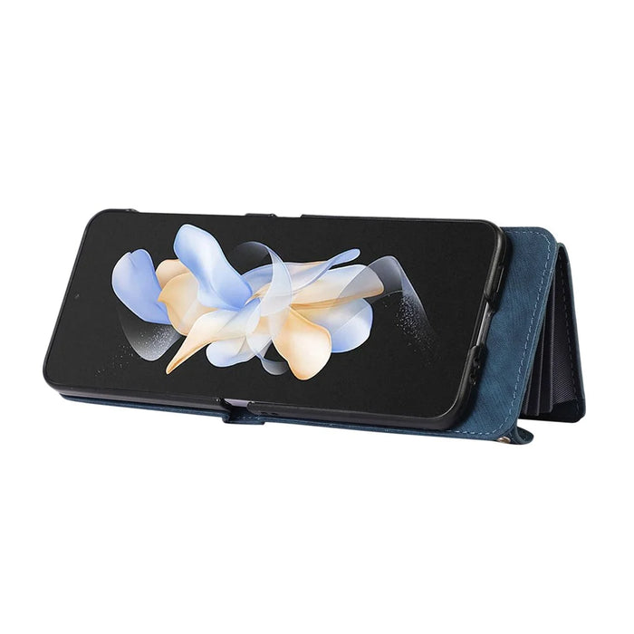 For Samsung Galaxy Z Flip5 5G Case PU Leather + TPU RFID Blocking Card Slots Phone Cover with 2 Straps - Blue - 3