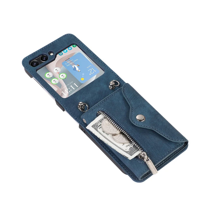For Samsung Galaxy Z Flip5 5G Case PU Leather + TPU RFID Blocking Card Slots Phone Cover with 2 Straps - Blue - 4