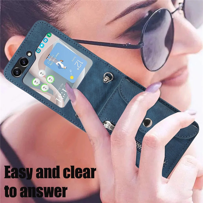 For Samsung Galaxy Z Flip5 5G Case PU Leather + TPU RFID Blocking Card Slots Phone Cover with 2 Straps - Blue - 7