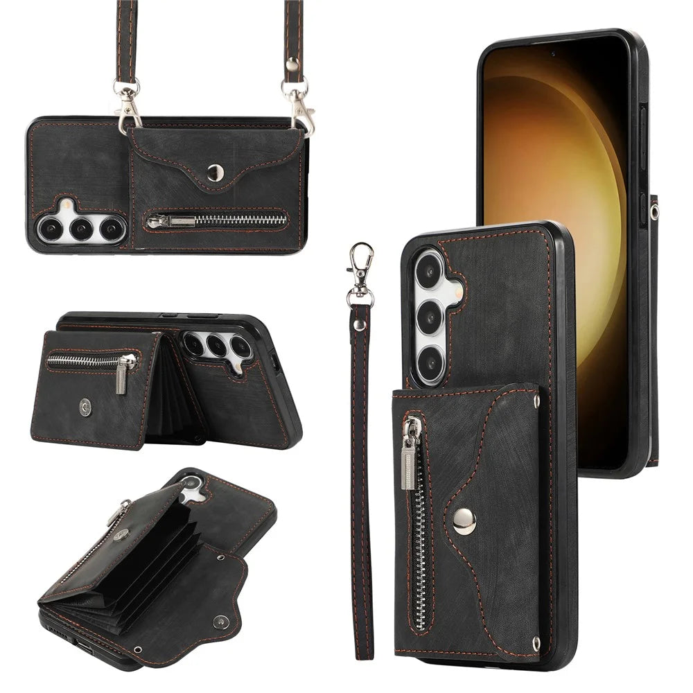 For Samsung Galaxy S24 FE Case PU Leather + TPU RFID Blocking Card Slots Phone Cover with 2 Straps - Black - 1