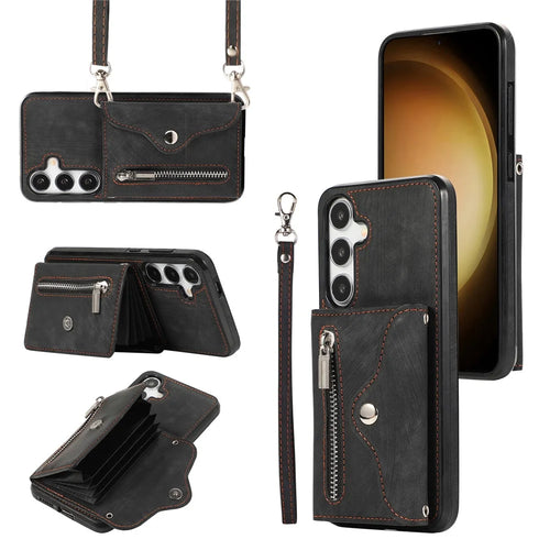 For Samsung Galaxy S24 FE Case PU Leather + TPU RFID Blocking Card Slots Phone Cover with 2 Straps - Black - 1