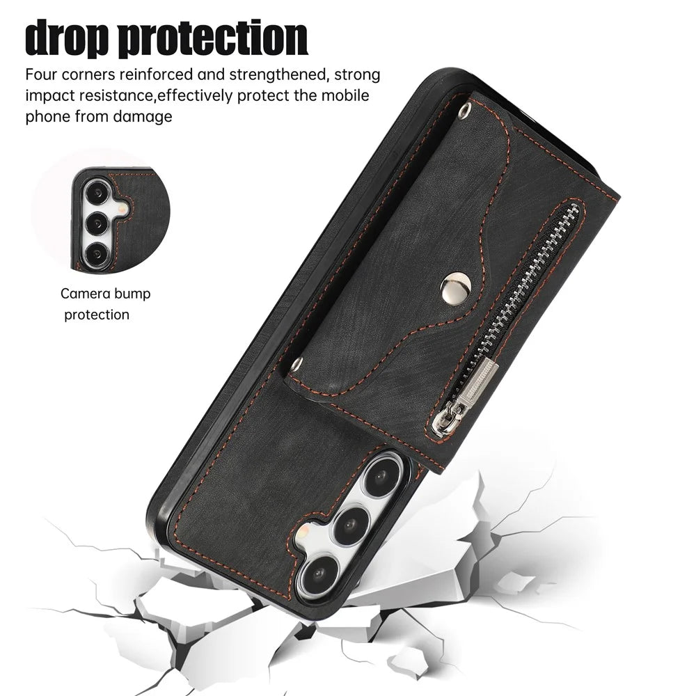 For Samsung Galaxy S24 FE Case PU Leather + TPU RFID Blocking Card Slots Phone Cover with 2 Straps - Black - 7