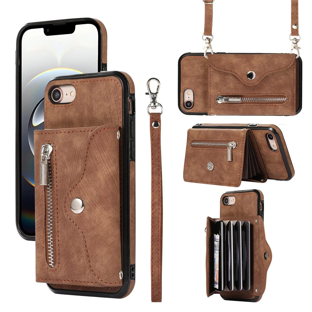 For iPhone 17e / 16e Case PU Leather + TPU RFID Blocking Card Slots Phone Cover with 2 Straps - Brown - 1