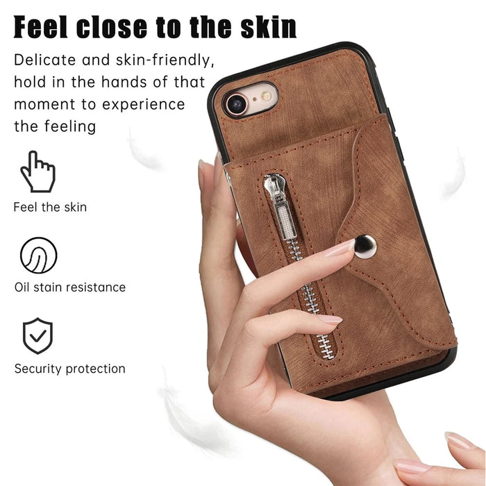 For iPhone 17e / 16e Case PU Leather + TPU RFID Blocking Card Slots Phone Cover with 2 Straps - Brown - 6