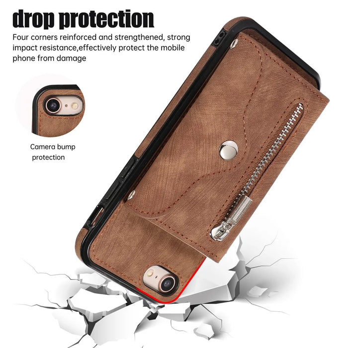 For iPhone 17e / 16e Case PU Leather + TPU RFID Blocking Card Slots Phone Cover with 2 Straps - Brown - 7