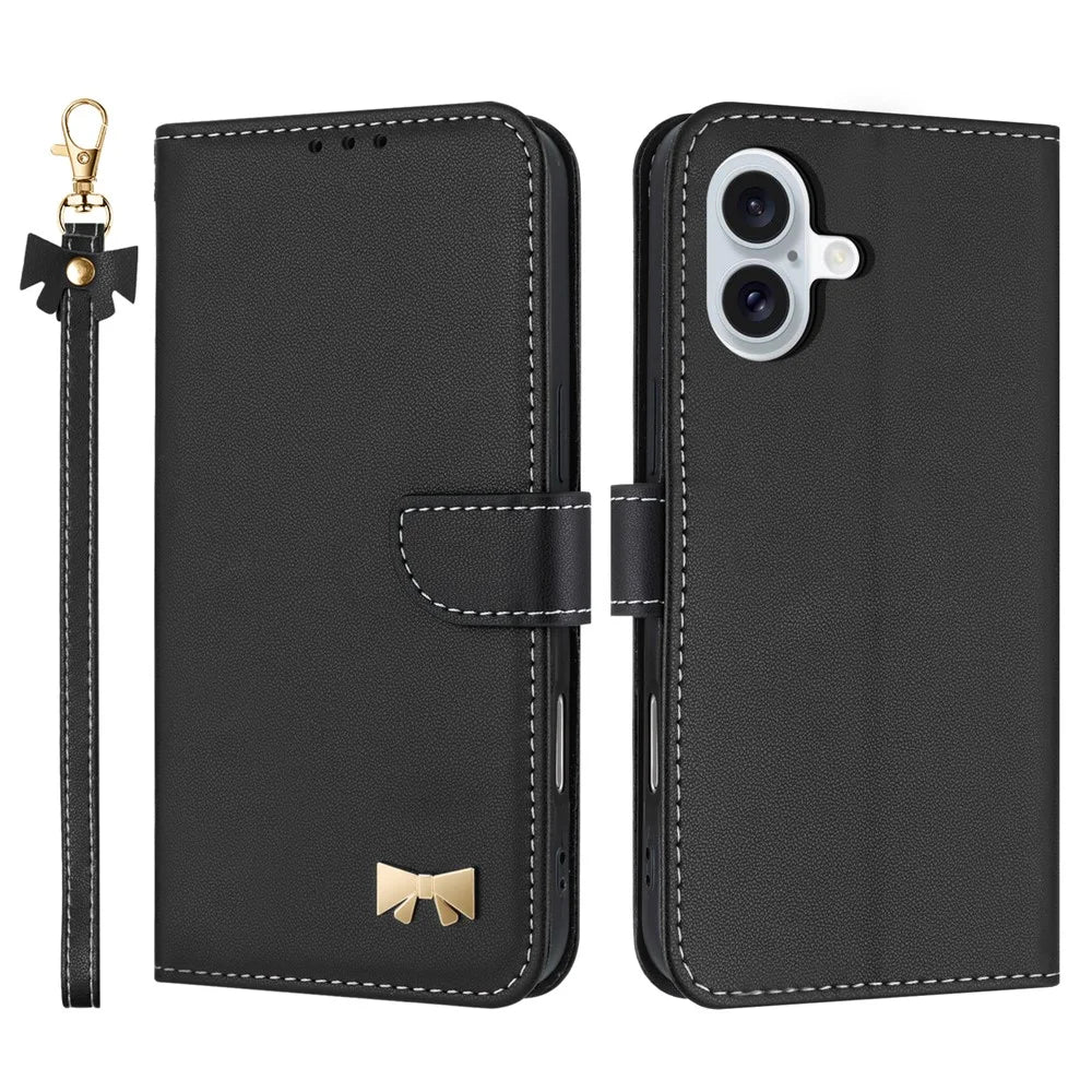 For iPhone 16 Case Bowknot Decor Wallet Leather Phone Cover with Wrist Strap - Black - 1