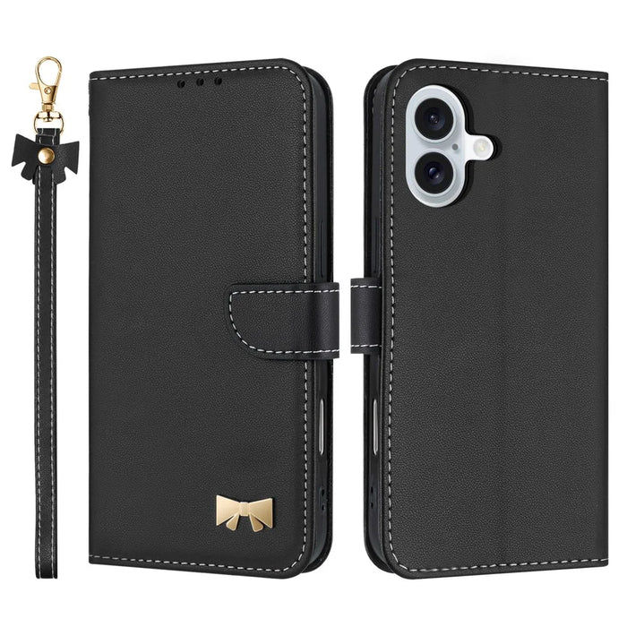 For iPhone 16 Case Bowknot Decor Wallet Leather Phone Cover with Wrist Strap - Black - 1