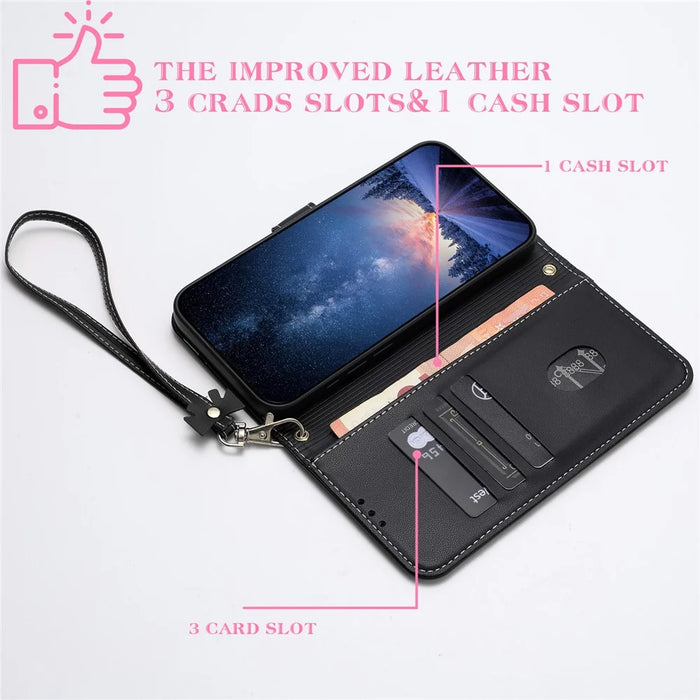 For iPhone 16 Case Bowknot Decor Wallet Leather Phone Cover with Wrist Strap - Black - 3