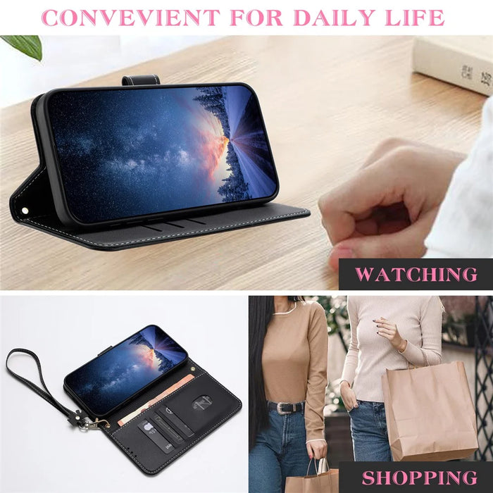 For iPhone 16 Case Bowknot Decor Wallet Leather Phone Cover with Wrist Strap - Black - 5