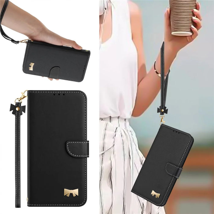 For iPhone 16 Case Bowknot Decor Wallet Leather Phone Cover with Wrist Strap - Black - 7