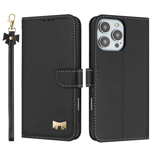For iPhone 16 Pro Case Bowknot Decor Wallet Leather Phone Cover with Wrist Strap - Black - 1