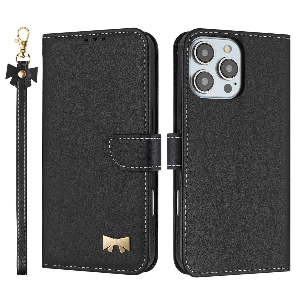 For iPhone 16 Pro Case Bowknot Decor Wallet Leather Phone Cover with Wrist Strap - Black - 1