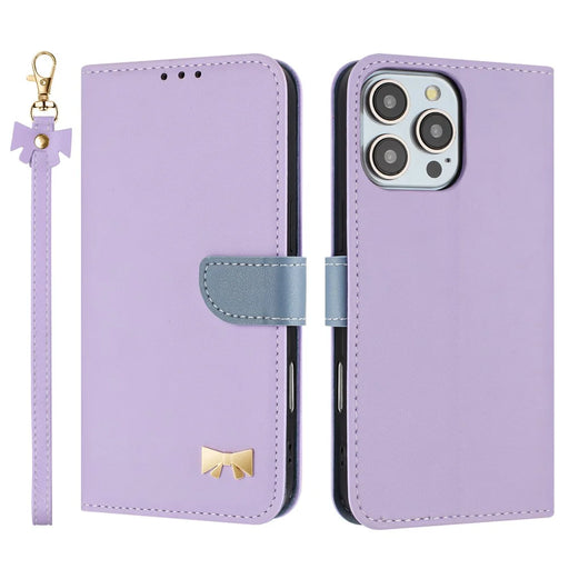 For iPhone 16 Pro Max Case Bowknot Decor Wallet Leather Phone Cover with Wrist Strap - Purple - 1