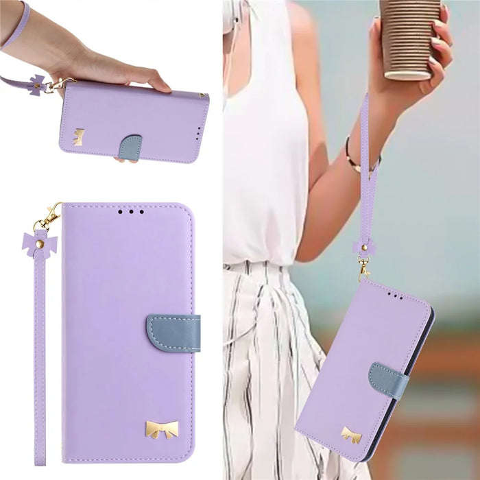 For iPhone 16 Pro Max Case Bowknot Decor Wallet Leather Phone Cover with Wrist Strap - Purple - 7