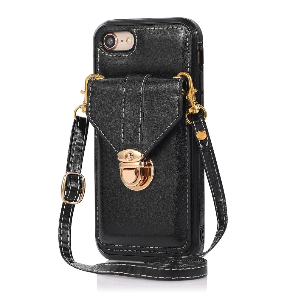 For iPhone 17e / 16e Case Card Holder Kickstand PU Leather + TPU Phone Cover with Shoulder Strap - Black - 1