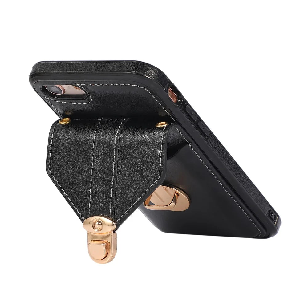 For iPhone 17e / 16e Case Card Holder Kickstand PU Leather + TPU Phone Cover with Shoulder Strap - Black - 2