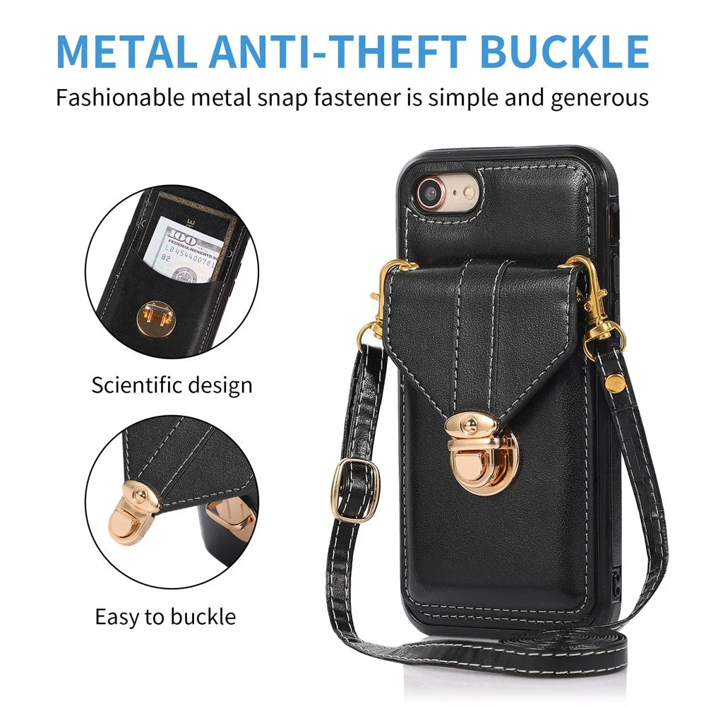 For iPhone 17e / 16e Case Card Holder Kickstand PU Leather + TPU Phone Cover with Shoulder Strap - Black - 4
