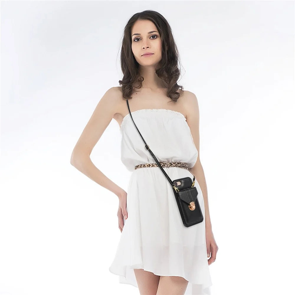 For iPhone 17e / 16e Case Card Holder Kickstand PU Leather + TPU Phone Cover with Shoulder Strap - Black - 5