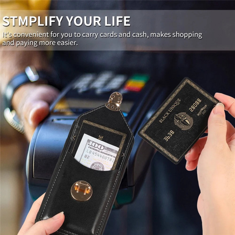 For iPhone 17e / 16e Case Card Holder Kickstand PU Leather + TPU Phone Cover with Shoulder Strap - Black - 6
