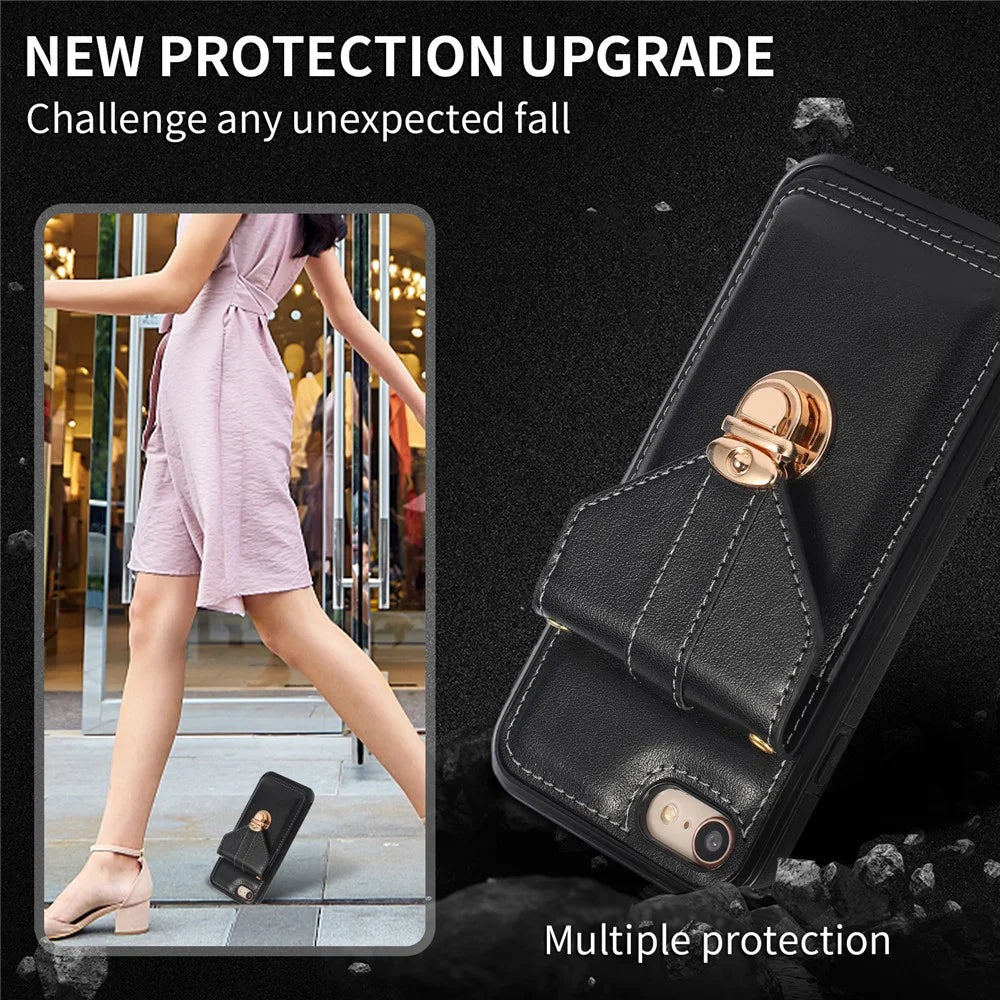For iPhone 17e / 16e Case Card Holder Kickstand PU Leather + TPU Phone Cover with Shoulder Strap - Black - 7