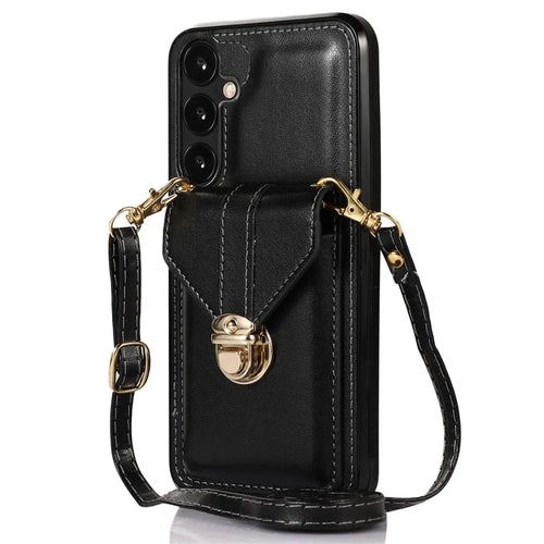 For Samsung Galaxy S24 FE Case Card Holder Kickstand PU Leather + TPU Phone Cover with Shoulder Strap - Black - 1