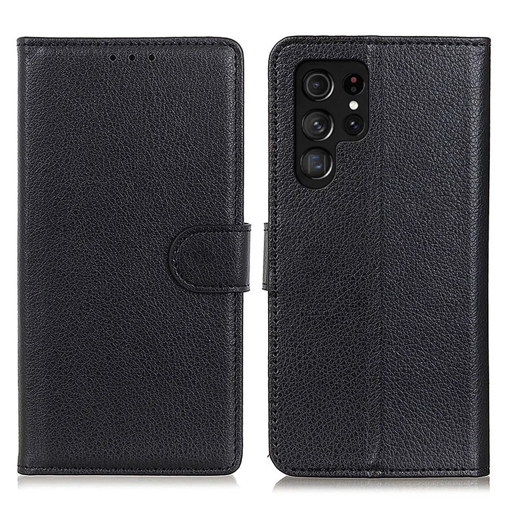 Shockproof Phone Case For Samsung Galaxy S23 Ultra, Litchi Texture Wallet Stand Scratch-resistant PU Leather Phone Cover - Black - 1