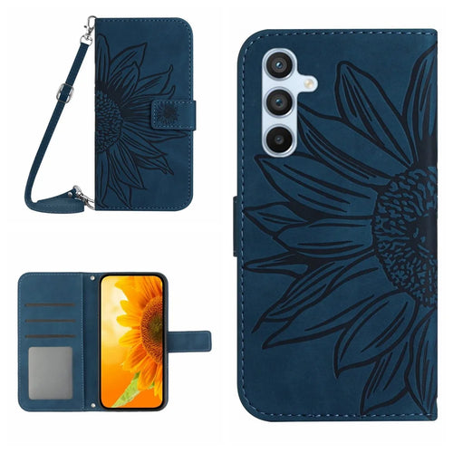 For Samsung Galaxy A17 5G / A17 4G / A26 5G Case Sunflower Imprint PU Leather Phone Cover with Long Strap - Dark Blue - 1