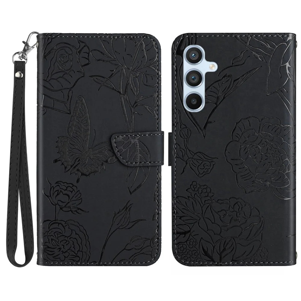 For Samsung Galaxy A17 5G / A17 4G / A26 5G Case Butterfly Flower Imprinted Leather Phone Cover with Strap - Black - 1