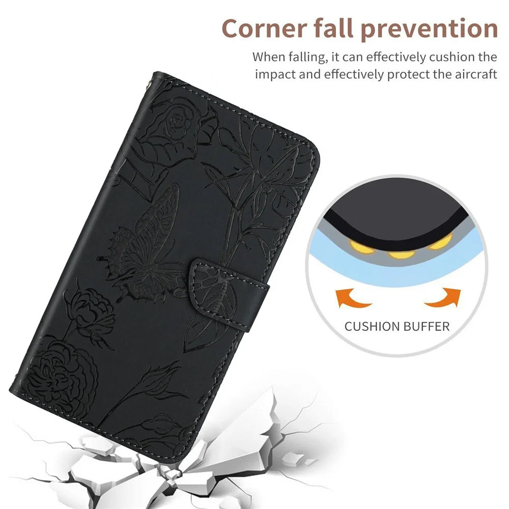 For Samsung Galaxy A17 5G / A17 4G / A26 5G Case Butterfly Flower Imprinted Leather Phone Cover with Strap - Black - 5