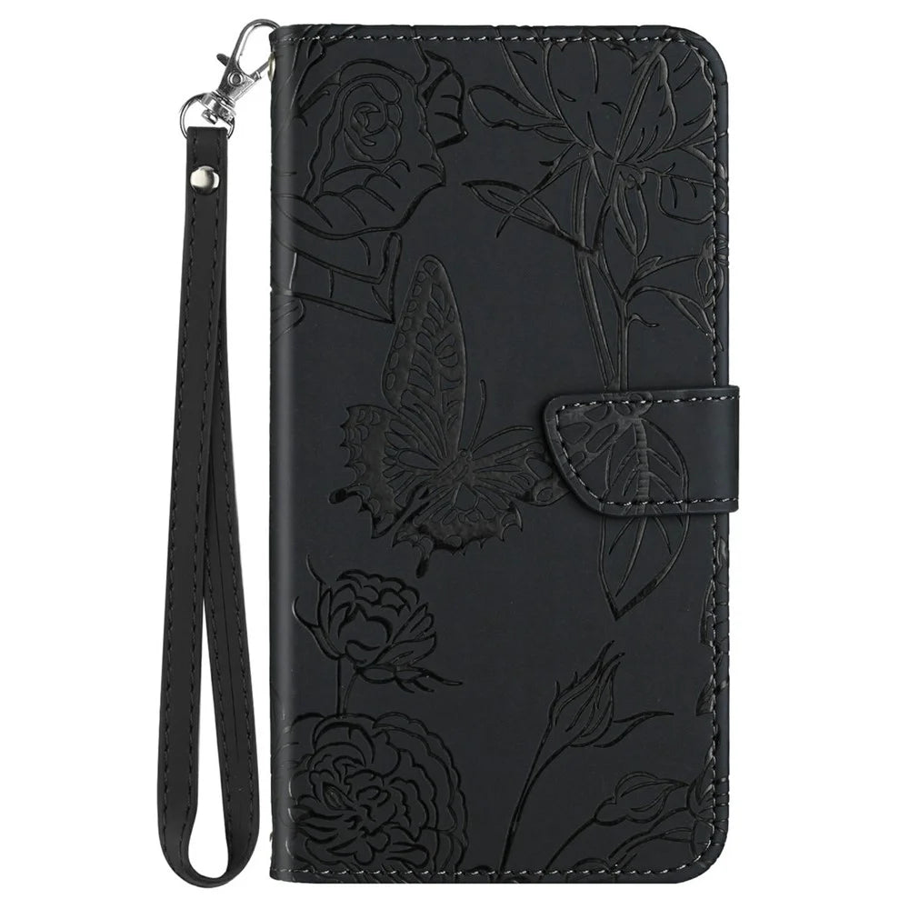 For Samsung Galaxy A17 5G / A17 4G / A26 5G Case Butterfly Flower Imprinted Leather Phone Cover with Strap - Black - 7