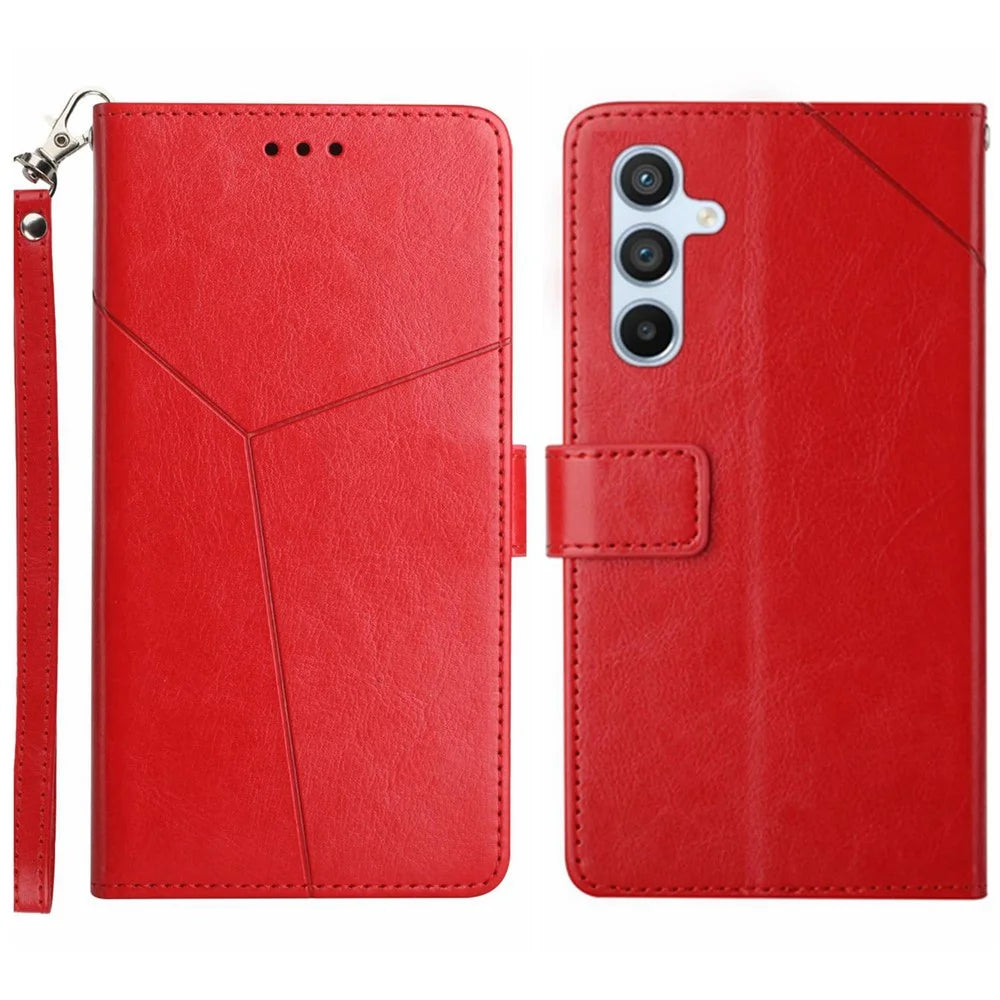 For Samsung Galaxy A17 5G / A17 4G / A26 5G Case with Wrist Strap Y Shaped Lines Imprint Leather Phone Cover - Red - 1