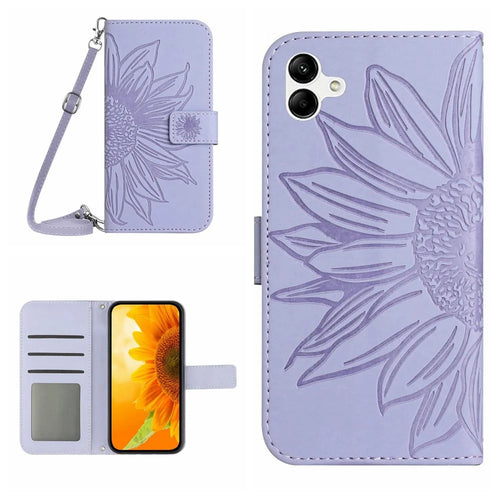 For Samsung Galaxy A07 4G / A07 5G / A06 5G / A06 4G Case Sunflower Imprint PU Leather Phone Cover with Long Strap - Light Purple - 1