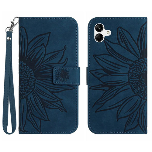 For Samsung Galaxy A07 4G / A07 5G / A06 5G / A06 4G Case Sunflower Imprint Leather Wallet Phone Cover with Wrist Strap - Dark Blue - 1