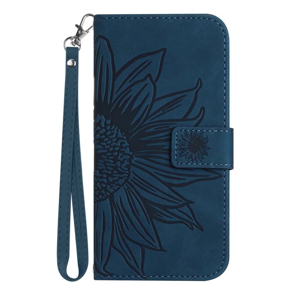 For Samsung Galaxy A07 4G / A07 5G / A06 5G / A06 4G Case Sunflower Imprint Leather Wallet Phone Cover with Wrist Strap - Dark Blue - 7
