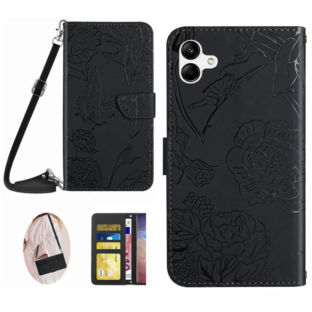 For Samsung Galaxy A07 4G / A07 5G / A06 5G / A06 4G Case Butterfly Flower Imprint Leather Phone Cover with Shoulder Strap - Black - 1