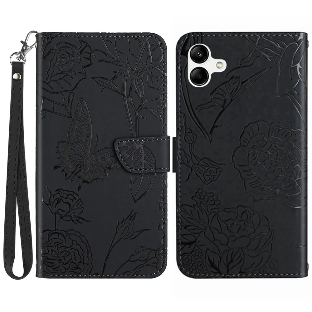 For Samsung Galaxy A07 4G / A07 5G / A06 5G / A06 4G Case Butterfly Flower Imprinted Leather Phone Cover with Strap - Black - 1