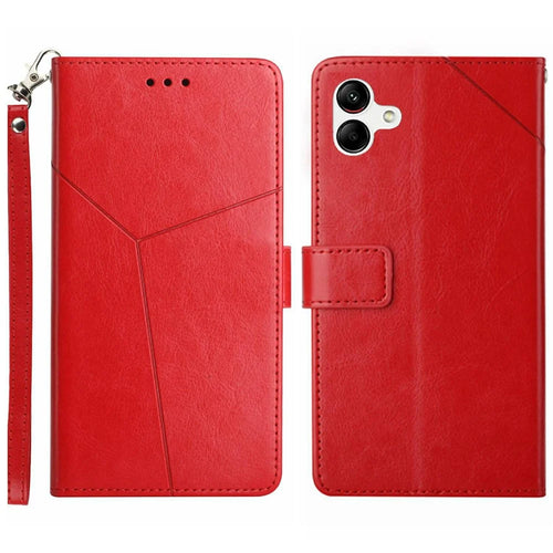 For Samsung Galaxy A07 4G / A07 5G / A06 5G / A06 4G Case with Wrist Strap Y Shaped Lines Imprint Leather Phone Cover - Red - 1